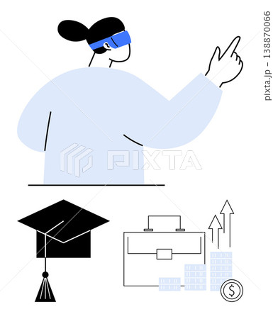 Career growth, online education, financial planning, virtual technology, business development, future planning. Person using VR headset, graduation cap financial growth symbols. Career growth 138870066
