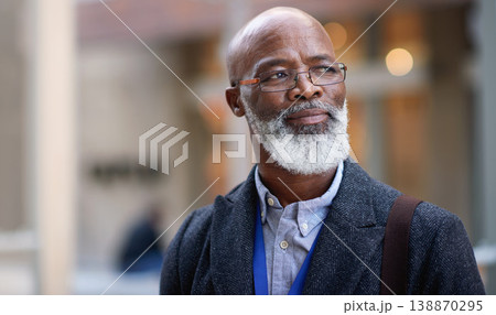 Senior black man, business and thinking in city, street or town with company goals. Ideas, planning and face glasses of elderly male entrepreneur with vision, mission and success mindset in outdoors. 138870295