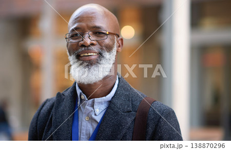 Senior black man, business and portrait in city, street or town with company goals. Ceo, boss and face glasses of happy elderly male entrepreneur from Nigeria with vision, mission and success mindset 138870296