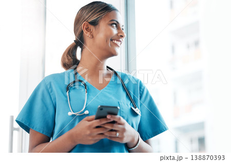 Idea, social media and doctor with a phone for communication, email and schedule. Thinking, ambition and woman nurse typing on a mobile for an app chat, healthcare research and conversation Idea, social media and doctor with a phone for communication, email and schedule. Thinking, ambition and woman nurse typing on a mobile for an app chat, healthcare research and conversation 138870393