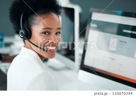 Crm, telemarketing and black woman portrait in a call center with customer support success. Web consultant, happy and lead generation worker at a office computer with a smile from consultation Crm, telemarketing and black woman portrait in a call center with customer support success. Web consultant, happy and lead generation worker at a office computer with a smile from consultation 138870394