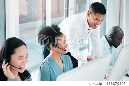 Training, help and people in telemarketing at a call center, online consulting and support. Contact us, advice and a manager helping customer service workers with digital client communication 138870395
