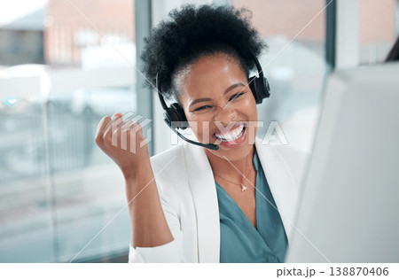 Success fist, call center and woman winning, bonus and sales target in telemarketing achievement portrait. Excited, promotion and african consultant, agent or winner person with yes hand celebration Success fist, call center and woman winning, bonus and sales target in telemarketing achievement portrait. Excited, promotion and african consultant, agent or winner person with yes hand celebration 138870406