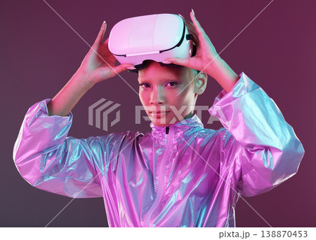 Vr headset, futuristic portrait and black woman ready for metaverse and virtual reality experience. Isolated, studio and model with ai, digital and future technology with cyberpunk style and tech Vr headset, futuristic portrait and black woman ready for metaverse and virtual reality experience. Isolated, studio and model with ai, digital and future technology with cyberpunk style and tech 138870453