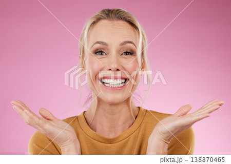 Portrait, old woman and surprise with achievement, excited and happiness on studio background. Face, senior female and mature lady shocked, celebration and success with smile, cheerful and joyful 138870465