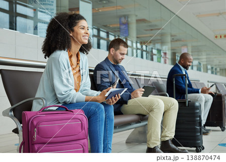 Travel, excited and black woman in airport, ticket and luggage with smile, boarding and international. African American female traveler, lady and girl with suitcase, departure and passport with phone Travel, excited and black woman in airport, ticket and luggage with smile, boarding and international. African American female traveler, lady and girl with suitcase, departure and passport with phone 138870474