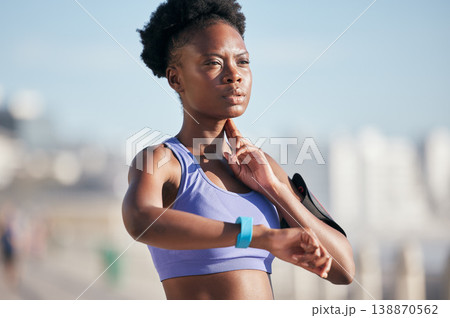 Sports, workout and woman checking pulse for body wellness with smartwatch for running outdoor. Fitness, exercise and healthy African female athlete monitoring heart rate for cardio training for race Sports, workout and woman checking pulse for body wellness with smartwatch for running outdoor. Fitness, exercise and healthy African female athlete monitoring heart rate for cardio training for race 138870562