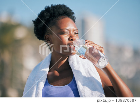 Drinking water, fitness and woman in city for training, exercise and workout nutrition, health or wellness outdoor. Tired runner or athlete person with liquid bottle for running energy and cardio Drinking water, fitness and woman in city for training, exercise and workout nutrition, health or wellness outdoor. Tired runner or athlete person with liquid bottle for running energy and cardio 138870587