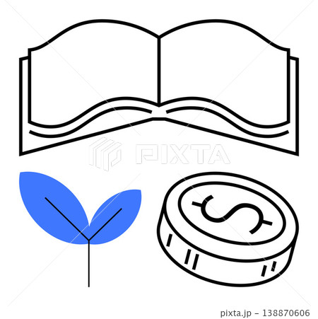 Education, sustainability, financial literacy, eco-friendly practices, budgeting, growth. Minimalist icons of an open book, a leaf and a coin. Education and sustainability Education, sustainability, financial literacy, eco-friendly practices, budgeting, growth. Minimalist icons of an open book, a leaf and a coin. Education and sustainability 138870606