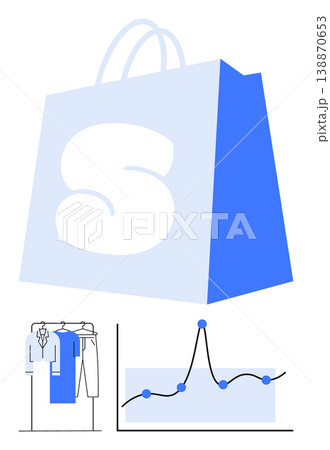 E-commerce, online shopping, retail trends, marketing analytics, sales performance, business growth. Shopping bag with clothing rack and a data chart. E-commerce and online shopping concept E-commerce, online shopping, retail trends, marketing analytics, sales performance, business growth. Shopping bag with clothing rack and a data chart. E-commerce and online shopping concept 138870653