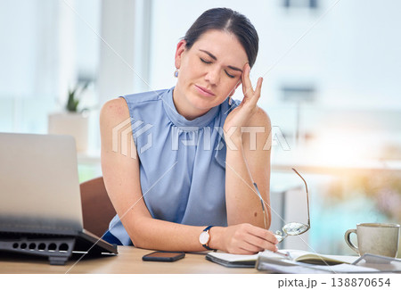 Pain, headache and glasses of business woman on laptop editing report, online research or job problem at office. Stress, fatigue and tired editor, journalist or professional person on her computer Pain, headache and glasses of business woman on laptop editing report, online research or job problem at office. Stress, fatigue and tired editor, journalist or professional person on her computer 138870654