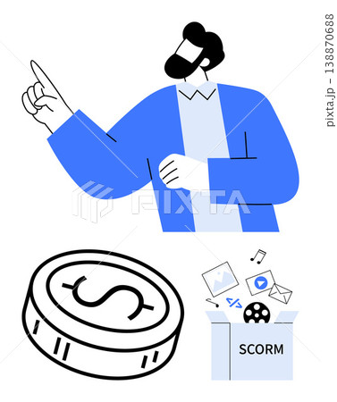 E-learning, online education, SCORM, financial knowledge, digital courses, remote access. A person gesturing to ideas, a coin symbol and a SCORM package digital content. E-learning and SCORM 138870688