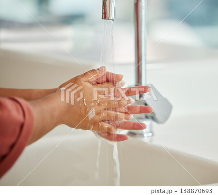Washing hands, cleaning and person closeup with hygiene and water for wellness in kitchen. Soap, sink and home with bacteria prevention and safety with disinfection liquid with care using faucet 138870693