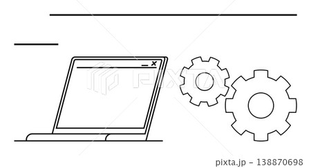 Automation, software development, coding interfaces, workflow optimization, system design, technology tools. Minimalist computer screen with interface next to gear icons. Automation and software Automation, software development, coding interfaces, workflow optimization, system design, technology tools. Minimalist computer screen with interface next to gear icons. Automation and software 138870698