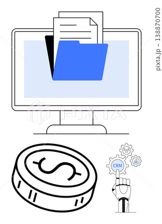 File organization, business tools, finance management, automation, digital storage, customer data. Folder, money symbol robotic hand selecting CRM gears. File organization and business tools concept 138870700