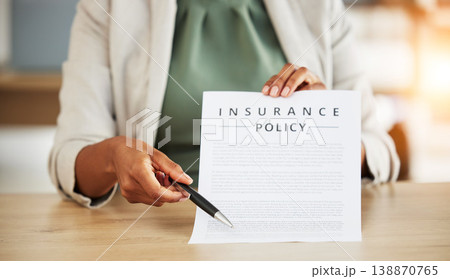 Insurance policy, hand and consultant with agreement in office for investment with finance. Document, retirement and agent with financial advisor for deal with planning for future or contract. 138870765
