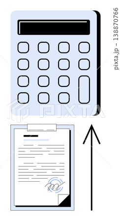 Financial operations, digital documentation, e-signatures, accounting, workflow automation, business transactions. Calculator with numeric buttons and signed document. Financial operations 138870766