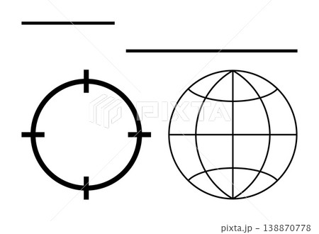 Navigation, targeting, technology interfaces, global communication, cartography, geolocation. Minimal globe with grid lines and crosshair. Navigation and targeting design concept 138870778