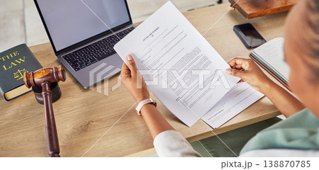 Woman, hands and lawyer reading will or documents for court judge or justice on office desk above. Notary person or attorney checking paperwork or testament for law agreement or legal advice on table 138870785