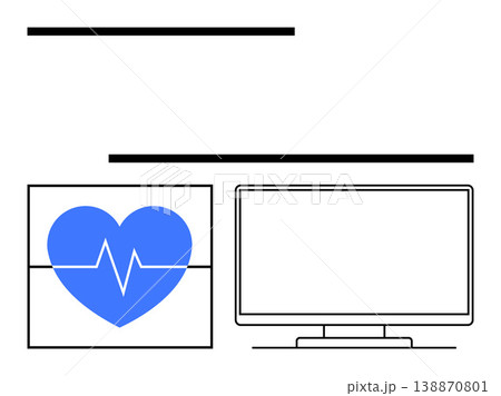 Telemedicine, remote health monitoring, cardiology, technology integration, virtual healthcare, modern diagnostics. Heart with electrocardiogram line next to a computer. Telemedicine and remote 138870801