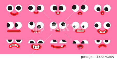 Cartoon funny faces. Facial emotion elements. Funny face expression with eyes, mouth, teeth. Simple kids emoji with happy, sad character, scared mascot. Vector set Cartoon funny faces. Facial emotion elements. Funny face expression with eyes, mouth, teeth. Simple kids emoji with happy, sad character, scared mascot. Vector set 138870809