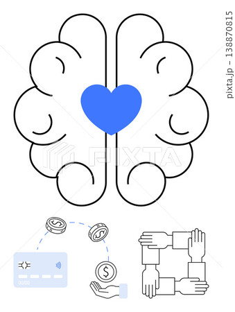 Mindfulness, financial stability, teamwork, mental health, trust, collaboration. A brain with a heart, hands linking and financial icons. Mindfulness and financial stability Mindfulness, financial stability, teamwork, mental health, trust, collaboration. A brain with a heart, hands linking and financial icons. Mindfulness and financial stability 138870815