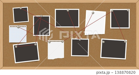 Notice board. Corkboard with notes. Office wood bulletin pinboard with paper stickers, frame, pinned memo sheets, message, post. Vector template background Notice board. Corkboard with notes. Office wood bulletin pinboard with paper stickers, frame, pinned memo sheets, message, post. Vector template background 138870820