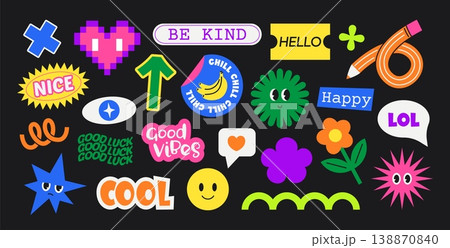 Retro funny stickers. Cartoon groovy characters. Vintage funky shapes with positive faces and emotions, cute slogans. Doodle decorative abstract kids mascot. Vector set Retro funny stickers. Cartoon groovy characters. Vintage funky shapes with positive faces and emotions, cute slogans. Doodle decorative abstract kids mascot. Vector set 138870840