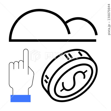 Cloud computing, digital payment, fintech, data storage, online transactions, mobile technology. Graphic showing cloud, dollar coin and pointing hand. Cloud computing and digital payment 138870844