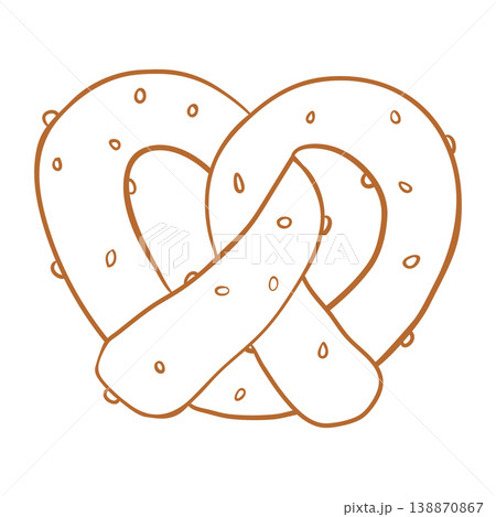 Brown sketch line art of a salted pretzel isolated on a white background. 138870867