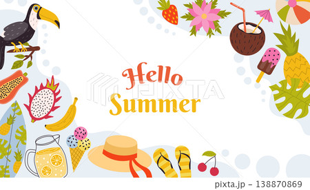 Hello Summer banner with a toucan, tropical fruits, and beach icons with organic shapes on a white. 138870869