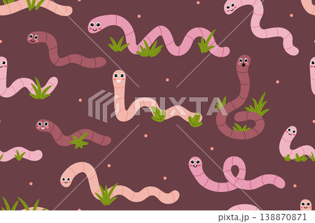 Seamless pattern of cute cartoon pink earthworms on a dark brown background. 138870871