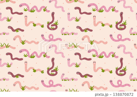 Seamless pattern of cute cartoon pink earthworms on a light peach background. 138870872