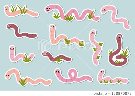 Set of cute cartoon earthworm stickers with pink and brown characters on a light blue. 138870875