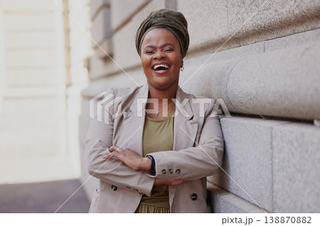 Portrait, lawyer and confident in city with black woman at courtroom with motivation for career. Success, happiness and crossed arms with female attorney for job as advocate for justice with vision. Portrait, lawyer and confident in city with black woman at courtroom with motivation for career. Success, happiness and crossed arms with female attorney for job as advocate for justice with vision. 138870882