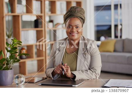 African woman, working in business and portrait with a smile in office, workplace or lawyer in corporate company with legal advice. Happy, success and confidence of attorney or employee at desk African woman, working in business and portrait with a smile in office, workplace or lawyer in corporate company with legal advice. Happy, success and confidence of attorney or employee at desk 138870907