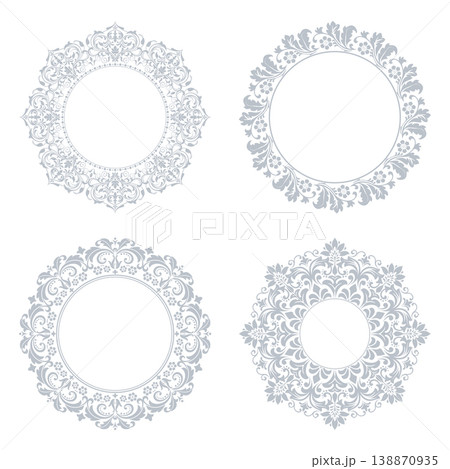 Set of decorative frames Elegant vector element for design in Eastern style, place for text. Floral gray and white frames. Lace illustration for invitations and greeting cards Set of decorative frames Elegant vector element for design in Eastern style, place for text. Floral gray and white frames. Lace illustration for invitations and greeting cards 138870935