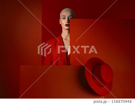 Portrait, fashion and space with a woman on a red background in studio for marketing, advertising or branding. Luxury, aesthetic style or a trendy young model standing with empty or blank mockup Portrait, fashion and space with a woman on a red background in studio for marketing, advertising or branding. Luxury, aesthetic style or a trendy young model standing with empty or blank mockup 138870948