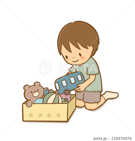幼稚園・保育園パンフレット用素材　おもちゃを片付ける男の子　くすみカラーのおしゃれな園だより・しおり 138870978
