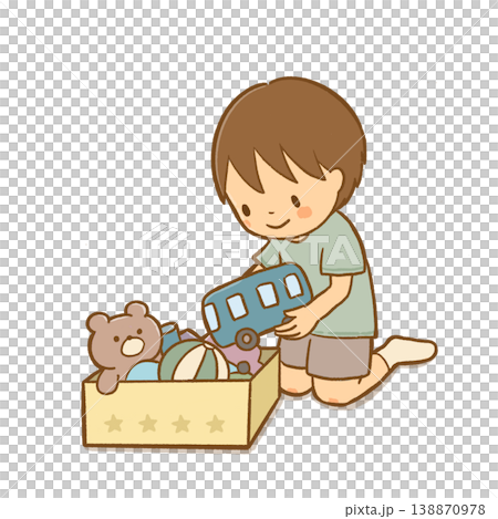 幼稚園・保育園パンフレット用素材　おもちゃを片付ける男の子　くすみカラーのおしゃれな園だより・しおり 138870978