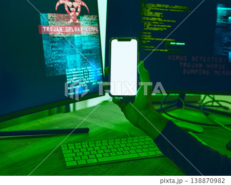 Computer, phone or hands with mockup for hacking, software programming or cybersecurity. Information technology, screen on mobile app or hacker on dark web for big data, update or web design at night Computer, phone or hands with mockup for hacking, software programming or cybersecurity. Information technology, screen on mobile app or hacker on dark web for big data, update or web design at night 138870982