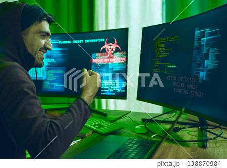 Cybersecurity, crime and happy man programming in neon office with code, fraud and hacking with hoodie. Software, ransomware and hacker on cyber attack, password thief coding online scam and success. 138870984