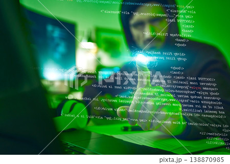 Computer hacker, virtual touch and man with coding, phishing or cybersecurity software. Dark, finger and thief person with information hologram for ransomware, access or pc programming data script 138870985