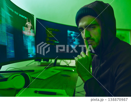 Computer hacker, neon and portrait of a man with secret for hacking, phishing or cybersecurity software. Dark, finger on lips and person with information on pc for ransomware, privacy or programming Computer hacker, neon and portrait of a man with secret for hacking, phishing or cybersecurity software. Dark, finger on lips and person with information on pc for ransomware, privacy or programming 138870987