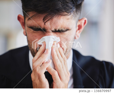 Sick business man, tissue and blowing nose for allergies, cold and virus in office. Face of male employee sneeze with influenza, allergy bacteria and risk of health problem, sinusitis and infection 138870997
