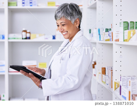 Happy woman, pharmacist and tablet for inventory inspection, stock or Telehealth at the pharmacy. Senior female person smile in medical or healthcare store for pharmaceutical checklist on technology Happy woman, pharmacist and tablet for inventory inspection, stock or Telehealth at the pharmacy. Senior female person smile in medical or healthcare store for pharmaceutical checklist on technology 138871010
