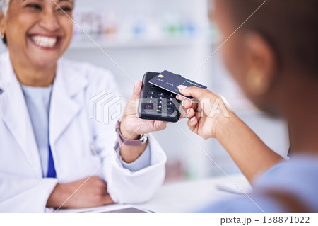 Happy woman, hands and credit card at pharmacy for payment, tap or scan in electronic purchase or buy. Female person, pharmacist or customer in banking, pay or pharmaceutical transaction at drugstore 138871022