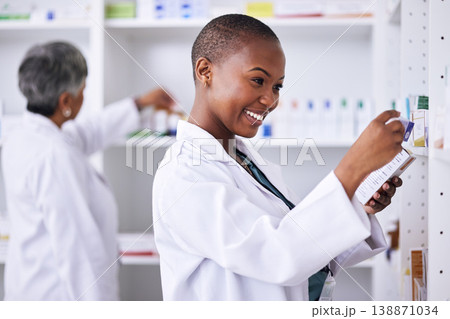 Happy black woman, pharmacist and pills for inventory inspection or checking stock on shelf at pharmacy. African female person in medical healthcare with pharmaceutical product for medication storage Happy black woman, pharmacist and pills for inventory inspection or checking stock on shelf at pharmacy. African female person in medical healthcare with pharmaceutical product for medication storage 138871034
