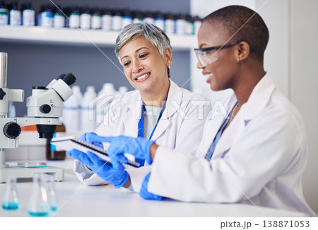 Women, science and teamwork with notes in laboratory for research, medical analysis and biotech discussion. Happy female scientists planning microbiology investigation, feedback and review paperwork 138871053