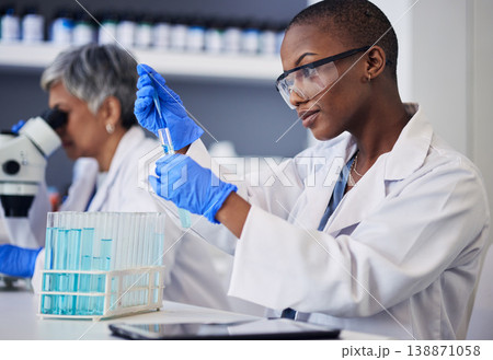 Science, black woman and pipette with tube for test, research and investigation in laboratory. Female scientist working with dropper to study liquid sample, review solution and innovation of vaccine Science, black woman and pipette with tube for test, research and investigation in laboratory. Female scientist working with dropper to study liquid sample, review solution and innovation of vaccine 138871058